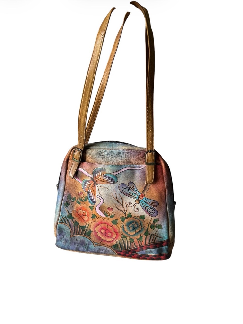 Anuschka Multicolor Floral & Dragonfly Leather Shoulder Bag with Tan Straps